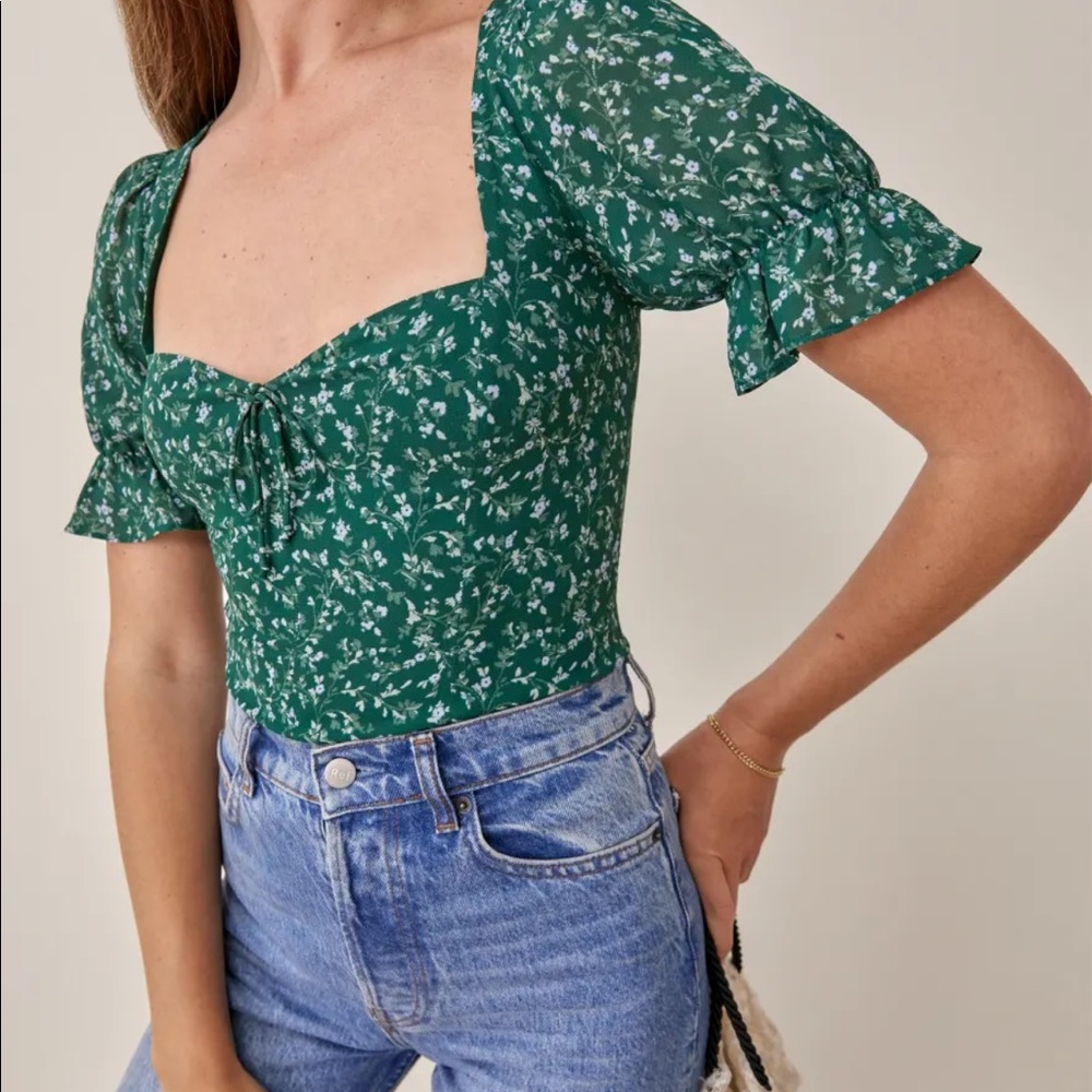 Reformation Green Floral Sweetheart Crop Top